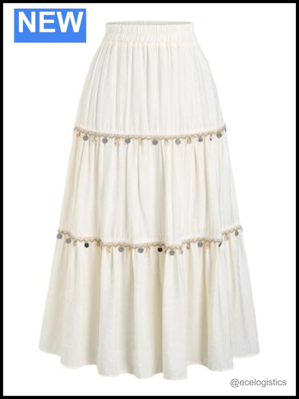 Women's Ruffle Skirt Elastic Waist A-Line Flowy Boho Long Tiered Skirt